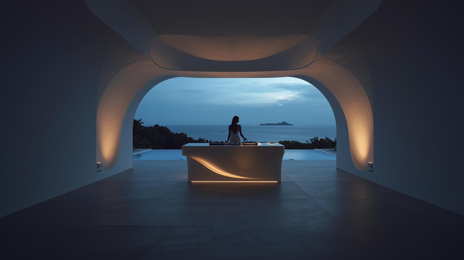 A minimalist and clean photography style capturing a sleek, futuristic DJ booth within a modern villa, overlooking a serene pool. Silhouettes of Pacific Islander women are subtly integrated aro (4)